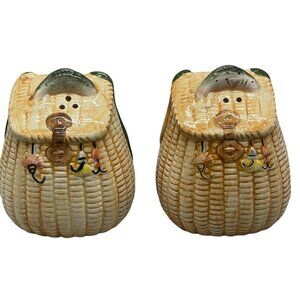 Vintage Flyfishing themed Salt and Pepper shaker enesco basket fish brown READ
